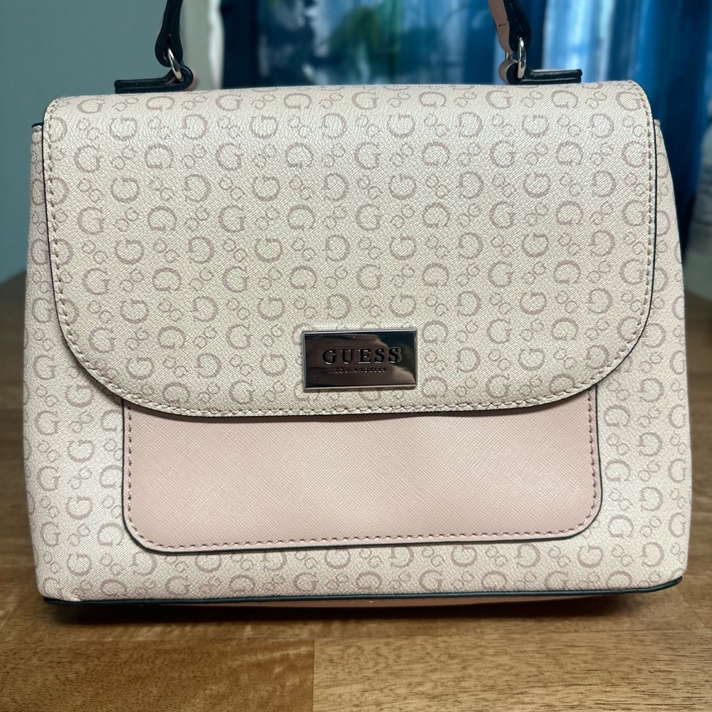 Guess Pink and Cream Satchel with Monogram Design